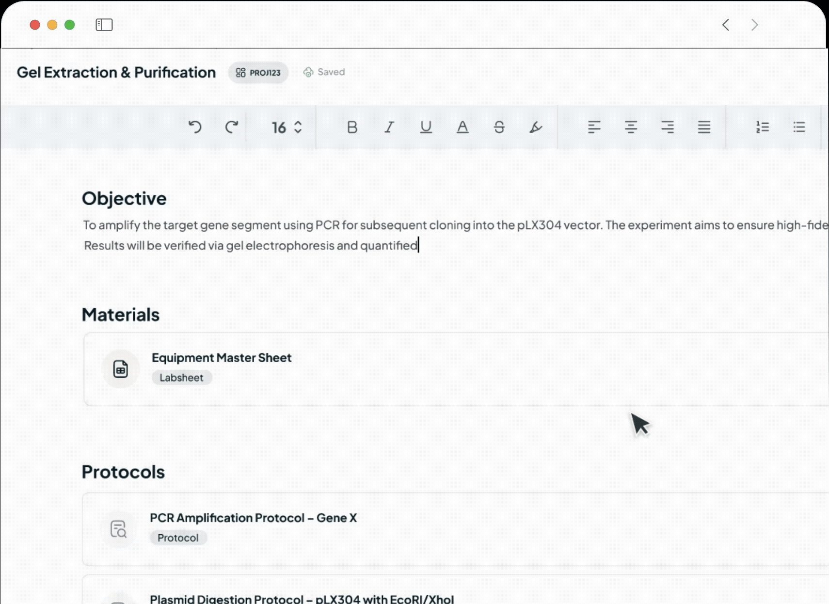 Electronic Lab Notebook interface
